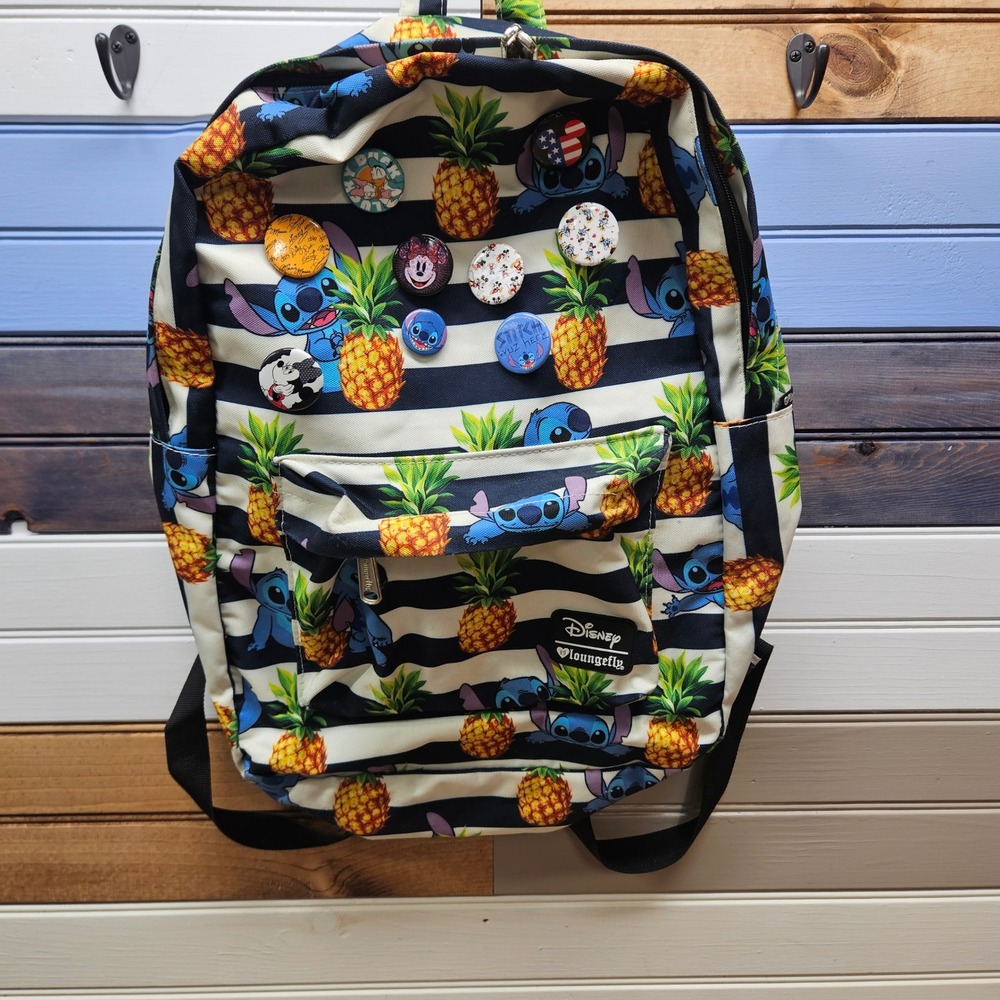 Disney Loungefly Stitch Pineapple Striped Backpack with Disney Pins Canvas Bag